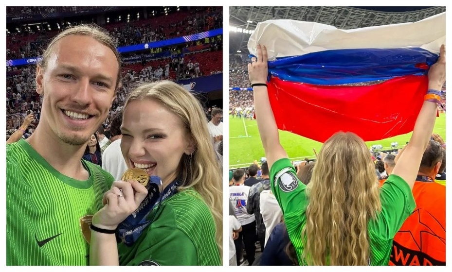    Матвей Сафонов и Марина Кондратюк празднуют победу в Лиге чемпионов. Фото: Коллаж Соцсети Марины Кондратюк, Reuters