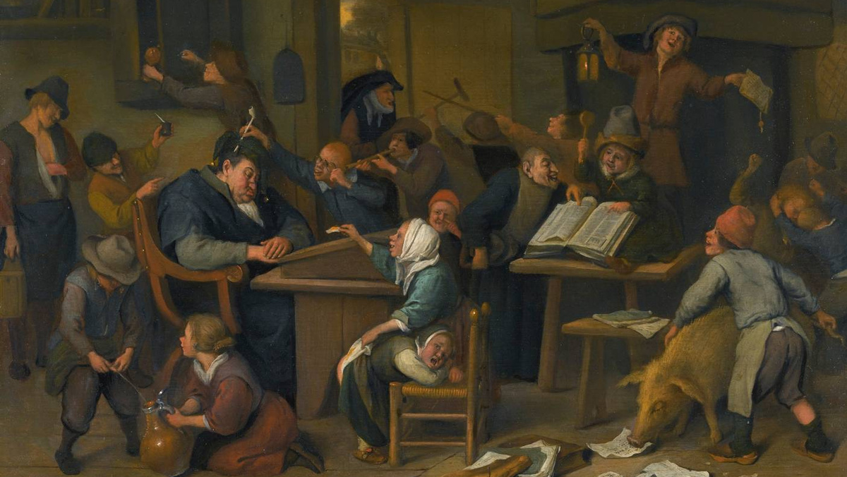     Ян Стен. Школьный класс со спящим учителем. 1672