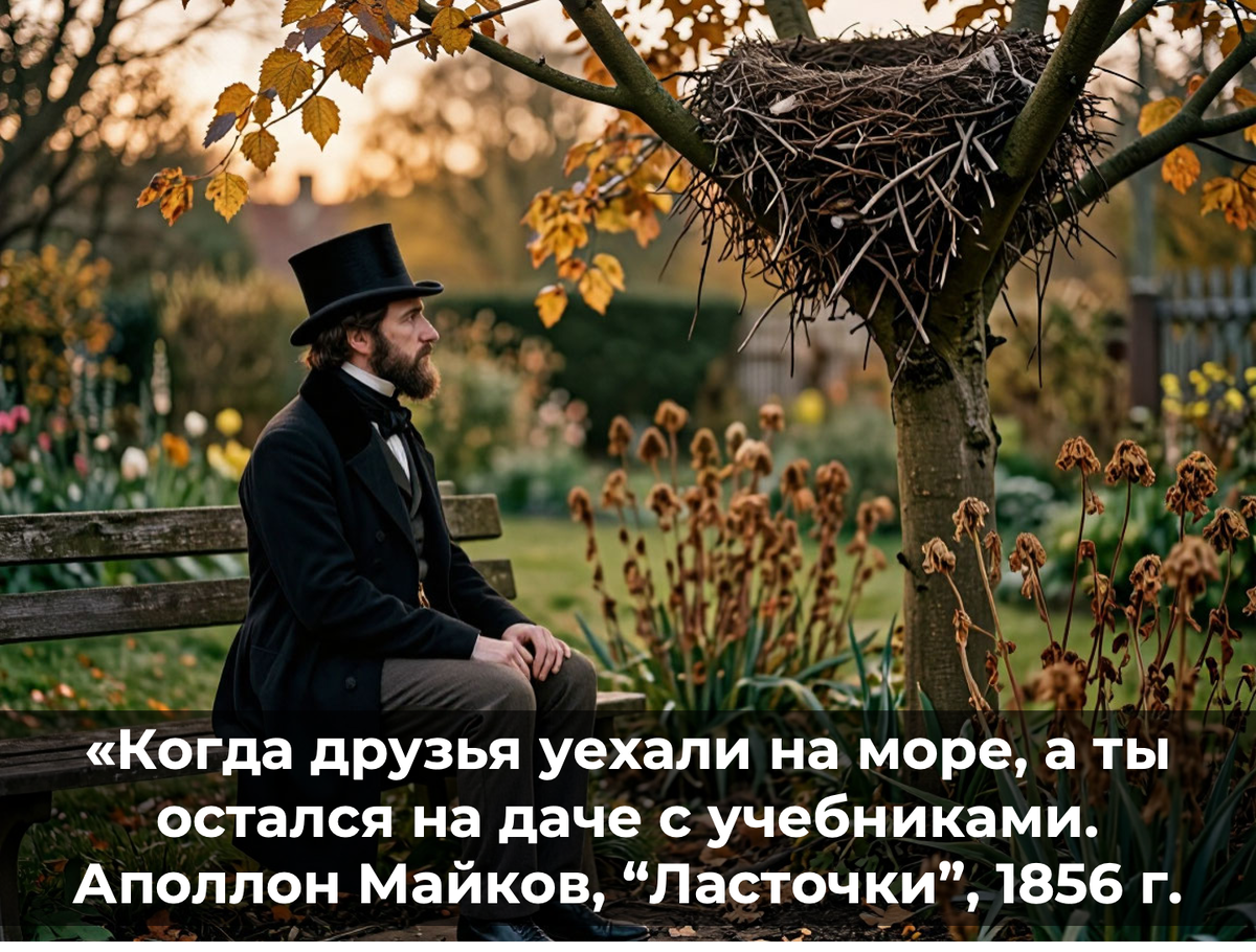  «Когда друзья уехали на море, а ты остался на даче с учебниками. Аполлон Майков, “Ласточки”, 1856 г. (актуально до сих пор)».
