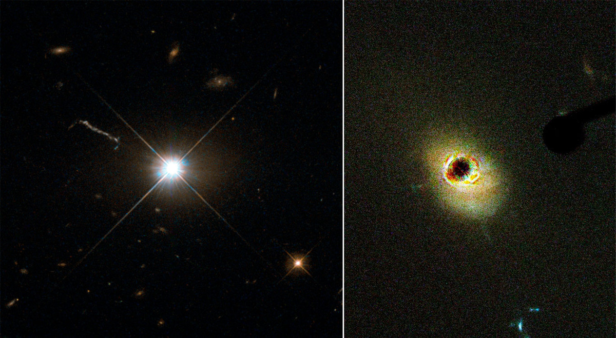 Объект 3C 273, изображение, полученное с помощью широкоугольной планетарной камеры 2 (WFPC2) телескопа Хаббл (слева) снимок Усовершенствованной камеры для обзоров телескопа «Хаббл» (справа). NASA/ESA