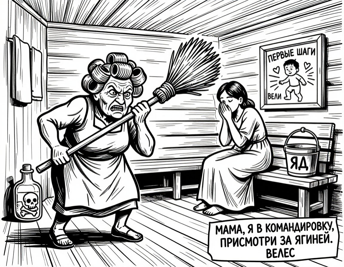 Велес отлучается «по делам», а в это время «в тереме» Велеса, а именно в бане, разворачиваются страсти похлеще Санта-Барбары: авторитарная мать решает погубить красавицу Ягиню