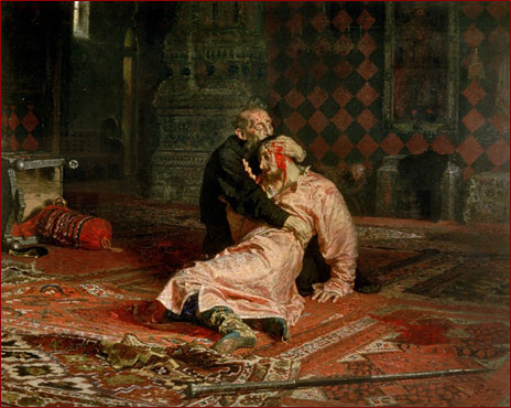 Илья Репин. «Иван Грозный и сын его Иван 16 ноября 1581 года». 1885. Холст, масло. Государственная Третьяковская галерея, Москва.Источник: Wikimedia Commons.