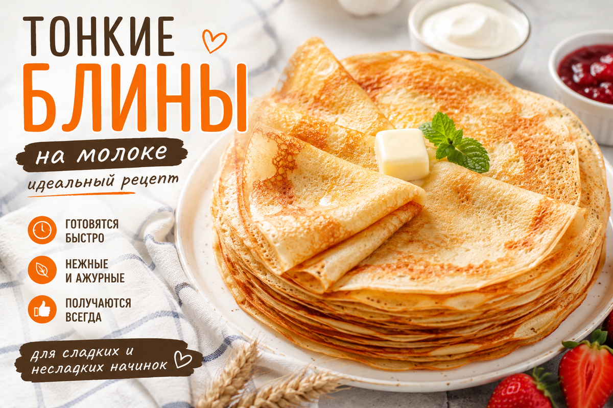 Аппетитная стопка тонких золотистых блинов на белой тарелке, украшенная кусочком сливочного масла и листочком мяты. Рядом расположены свежая клубника, сметана и ягодный джем. На изображении размещён заголовок «Тонкие блины на молоке — идеальный рецепт». Светлая домашняя атмосфера подчёркивает нежную текстуру блинов и делает блюдо особенно привлекательным для завтрака или десерта.