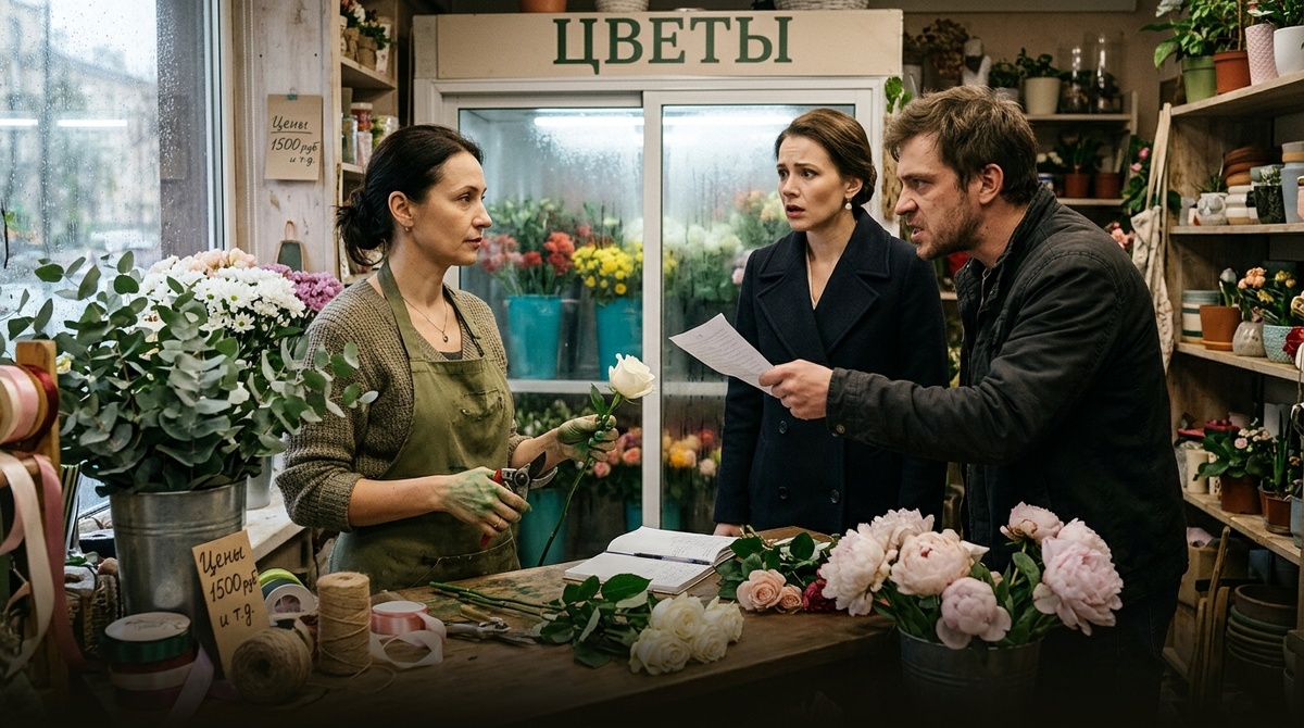 Флористка с белой розой и секатором, деверь тычет бумагой — это отказ от наследства, которым он отдаёт ей всю квартиру.