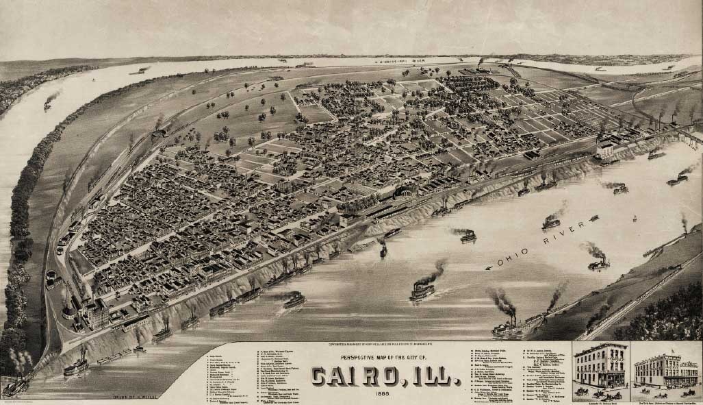 Панорамная карта Каира, 1885 год. Впереди — река Огайо, за городом — Миссисипи.