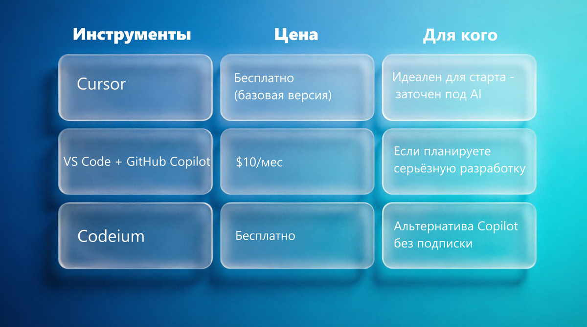 Моя рекомендация: начните с Cursor. Он бесплатен для базовых задач, интуитивно понятен и не требует сложной настройки.