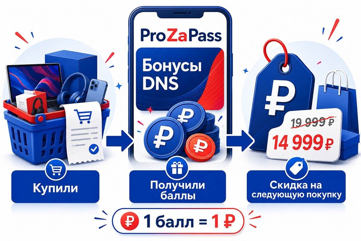 Бонусы ProZaPass в DNS работают как отложенная скидка: сначала покупаете акционный товар, пишете на него отзыв, затем получаете баллы и используете их при следующем заказе. Источник: нейросеть📷
