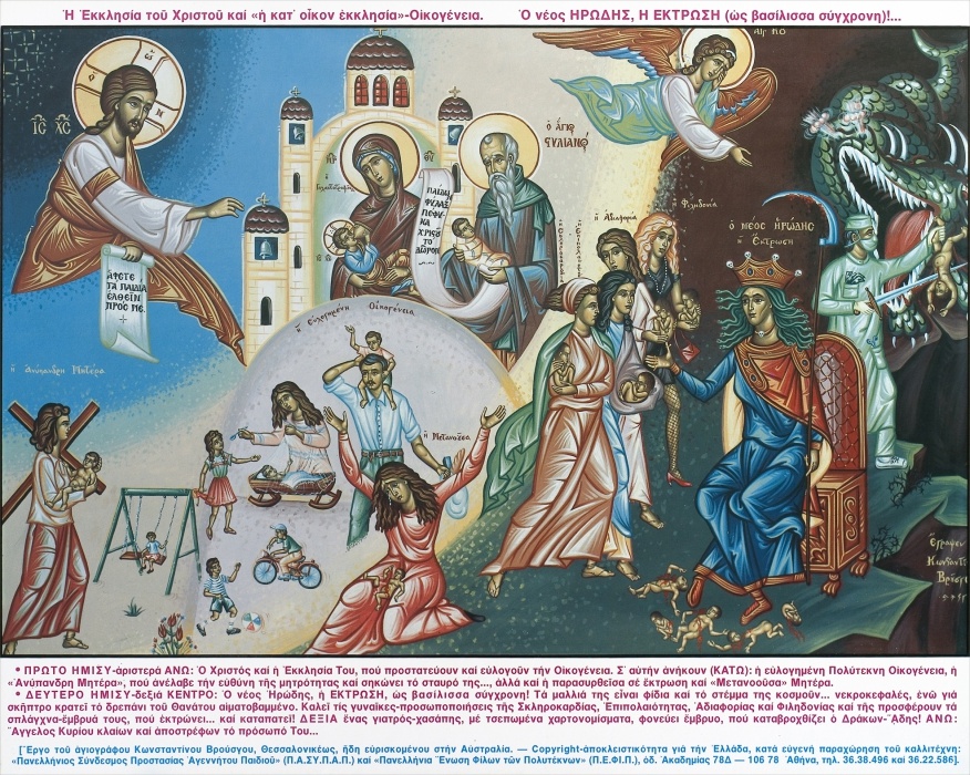 Греческая икона(церковный плакат) Христа и Его Церкви защищающих и спасающих благословенную семью 