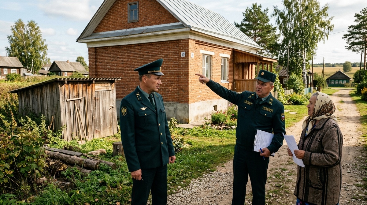 Инспекторы  указывают на кирпичный дом, подчеркивая его статус недвижимости
