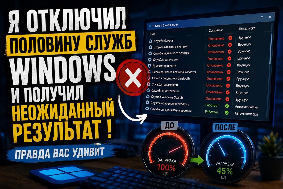 Я отключил половину служб Windows и получил неожиданный результат. Правда оказалась совсем не такой, как рассказывают в интернете