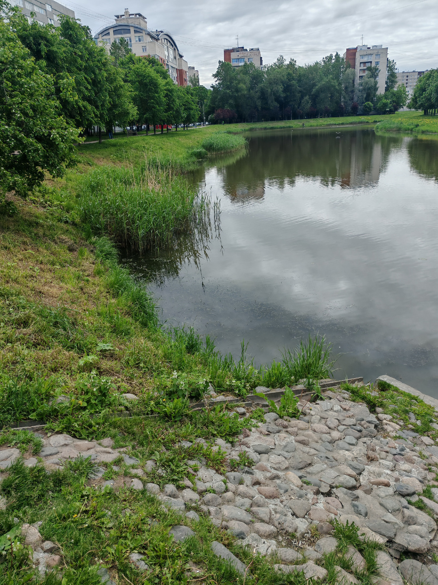 Речка около поликлиники. Фото сделано с мостика. Вдалеке виднеется рыбак. 