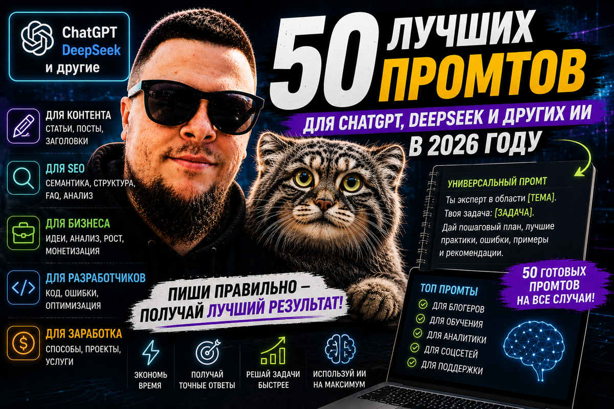 🎯 50 лучших промтов для ChatGPT, DeepSeek и других нейросетей в 2026 году