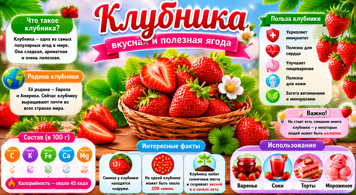 🍓 Клубника — одна из самых популярных ягод в мире. Она не только вкусная, но и очень полезная для организма. Родиной клубники считаются Европа и Америка, а сегодня её выращивают почти во всех странах мира.🍓 В клубнике содержится много витаминов и полезных веществ. Особенно много витамина C, который помогает укреплять иммунитет. Также в ней есть калий, железо, кальций и магний. В 100 граммах клубники содержится примерно 45 калорий.🍓 Клубника полезна для сердца, улучшает пищеварение и помогает организму оставаться бодрым. Её также используют в косметике для ухода за кожей.🍓 Интересный факт: семена клубники находятся снаружи ягоды. На одной клубнике может быть около 200 семян.🍓 Клубника любит солнечные места и обычно созревает весной и в начале лета. Самая вкусная и полезная клубника — свежесобранная.🍓 Из клубники делают варенье, соки, торты, мороженое и разные десерты. Но полезнее всего есть её в свежем виде.🍓 Однако слишком много клубники есть не рекомендуется, потому что у некоторых людей она может вызывать аллергию.