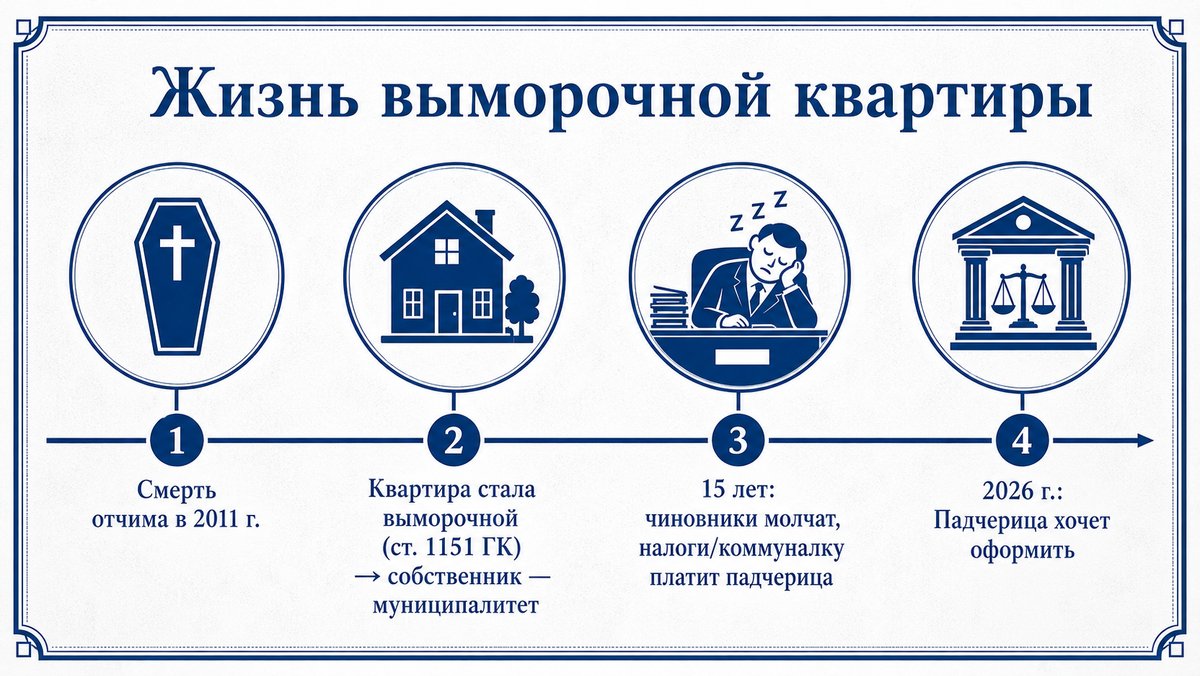 Таймлайн выморочное имущество квартира умершего родственника муниципалитет собственник спустя 15 лет ст 1151 ГК РФ падчерица проживала и платила коммуналку приобретательная давность КС РФ 35-П
