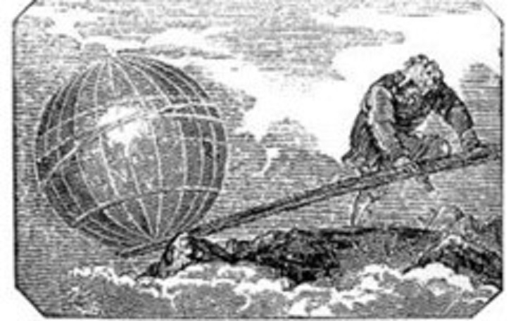 Гравюра из «Журнала механики», изданного в Лондоне в 1842г. Архимед, переворачивающий Землю.