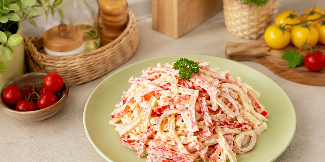 Салат с крабовыми палочками, перцем, помидорами и сыром