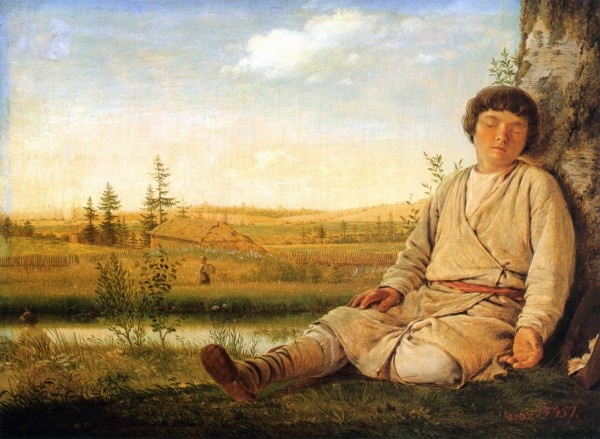 А. Г. Венецианов «Спящий пастушок», 1823 – 1824 годы. Холст, масло. Размеры: 27,5х36,5 см. Государственный Русский музей, Санкт-Петербург. Фото картины взято из открытого источника.