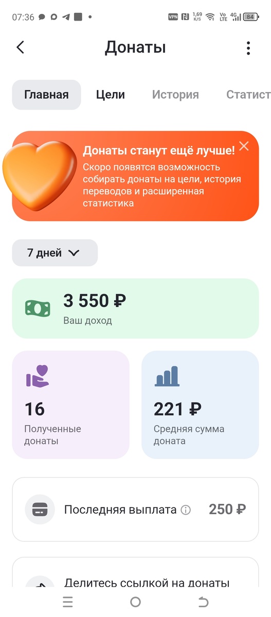 Скриншот донатов, которые мне прислали за неделю