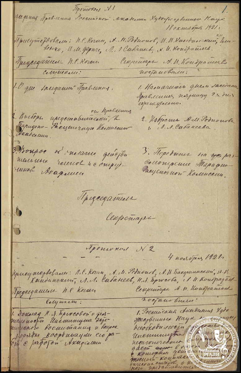 Протоколы первых заседаний правления ГАХН. 1921 г. РГАЛИ. Ф. 941. Оп. 1