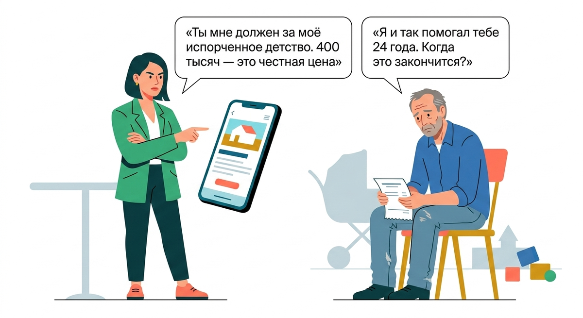 Я ушёл из семьи 24 года назад, а дочь до сих пор требует компенсацию. Обвиняет меня в испорченном детстве и требует 400 тысяч на ипотеку. Я платил алименты и оплатил учёбу — разве этого мало?
