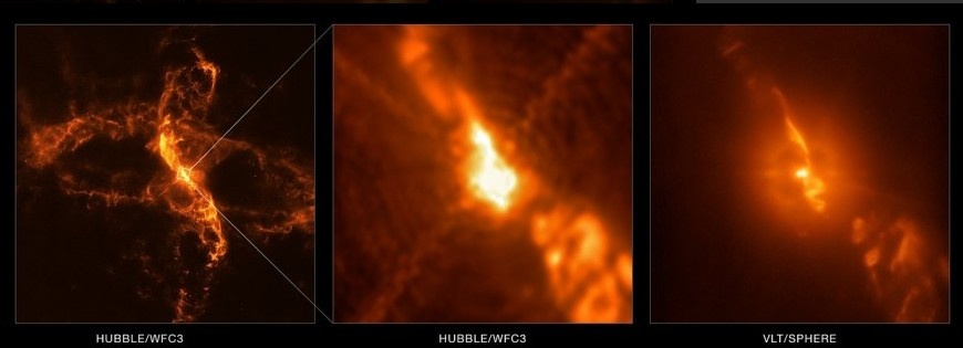 Изображение: Турбулентный процесс слияния двойных звёзд. NASA/ESA Hubble.