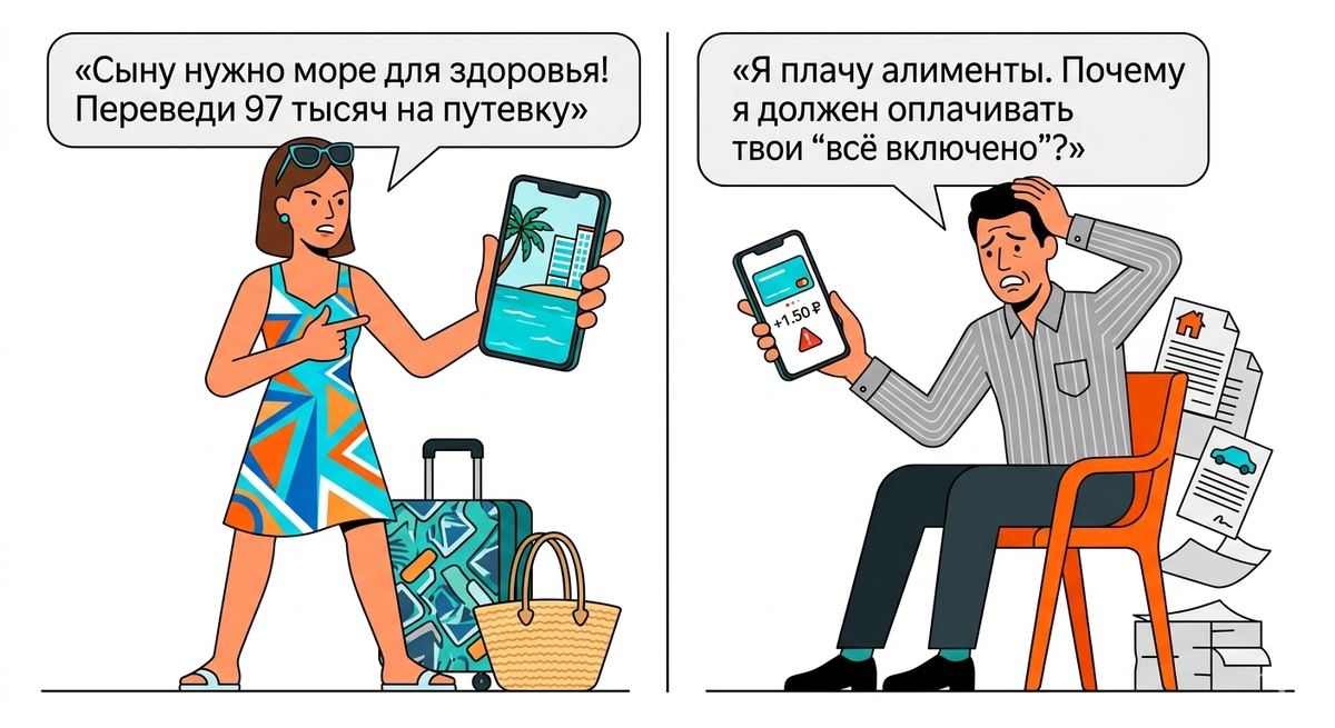 Бывшая купила путёвку в Турцию за 195 тысяч и требует с меня половину. Я плачу алименты 18 тысяч в месяц — разве этого мало? Это забота о ребёнке или её личный отдых за мой счёт?