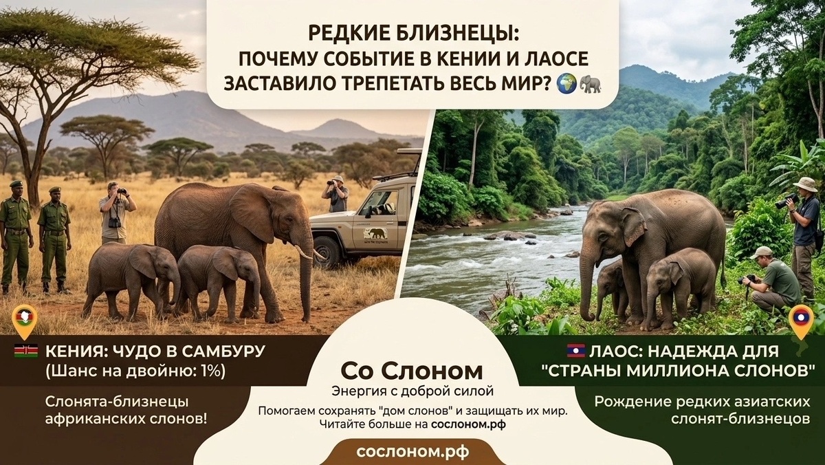 В мире дикой природы бывают новости, которые вызывают у ученых и экологов не просто радость, а настоящий трепет. Рождение слонят-близнецов — как раз такое чудо. Шанс на появление двойни у слонов составляет всего 1%.

Но почему за судьбой таких малышей в Кении и Лаосе сегодня следит весь мир, включая команду бренда «Со Слоном»?

📚 Трагедия и чудо в заповеднике Самбуру (Кения)

Когда в кенийском национальном заповеднике Самбуру у слонихи по имени Борра родились близнецы — мальчик и девочка — это стало мировой сенсацией. Предыдущий раз двойню здесь фиксировали аж 15 лет назад.

Однако за восторгом скрывается огромный риск. Беременность слонихи длится долгие 22 месяца, и рождение сразу двоих гигантов — колоссальный стресс для организма матери.
⦁ Главная угроза: У слоних часто просто не хватает молока, чтобы выкормить обоих детенышей. В дикой природе один из близнецов почти всегда обречен.
⦁ Что происходит сейчас: Местные рейнджеры и экологи из организации Save the Elephants ведут круглосуточное наблюдение за семьей, готовые прийти на помощь в критический момент. Выживание этих малышей напрямую зависит от того, насколько богата и безопасна их среда обитания.

📚 Лаос: Борьба за будущее «Страны миллиона слонов»

Исторически Лаос называли «Лансанг» — Страна миллиона слонов. Сегодня этот титул, увы, остался лишь в учебниках истории: популяция азиатских слонов в регионе находится под угрозой исчезновения из-за вырубки лесов и браконьерства.

Именно поэтому каждый новорожденный слоненок в Лаосе, а тем более редчайшие близнецы, рожденные в Центре сохранения слонов (ECC), — это победа планетарного масштаба. Для Лаоса эти редкие двойни стали символом надежды на то, что величественных гигантов еще можно спасти от вымирания.

📚 Почему мы пишем об этом?

Бренд «Со Слоном» — это не просто качественные батарейки и аксессуары для ваших девайсов. Наша философия — это «энергия с доброй силой». Мы создали проект, чтобы напомнить: технологии не должны уничтожать живой мир.

