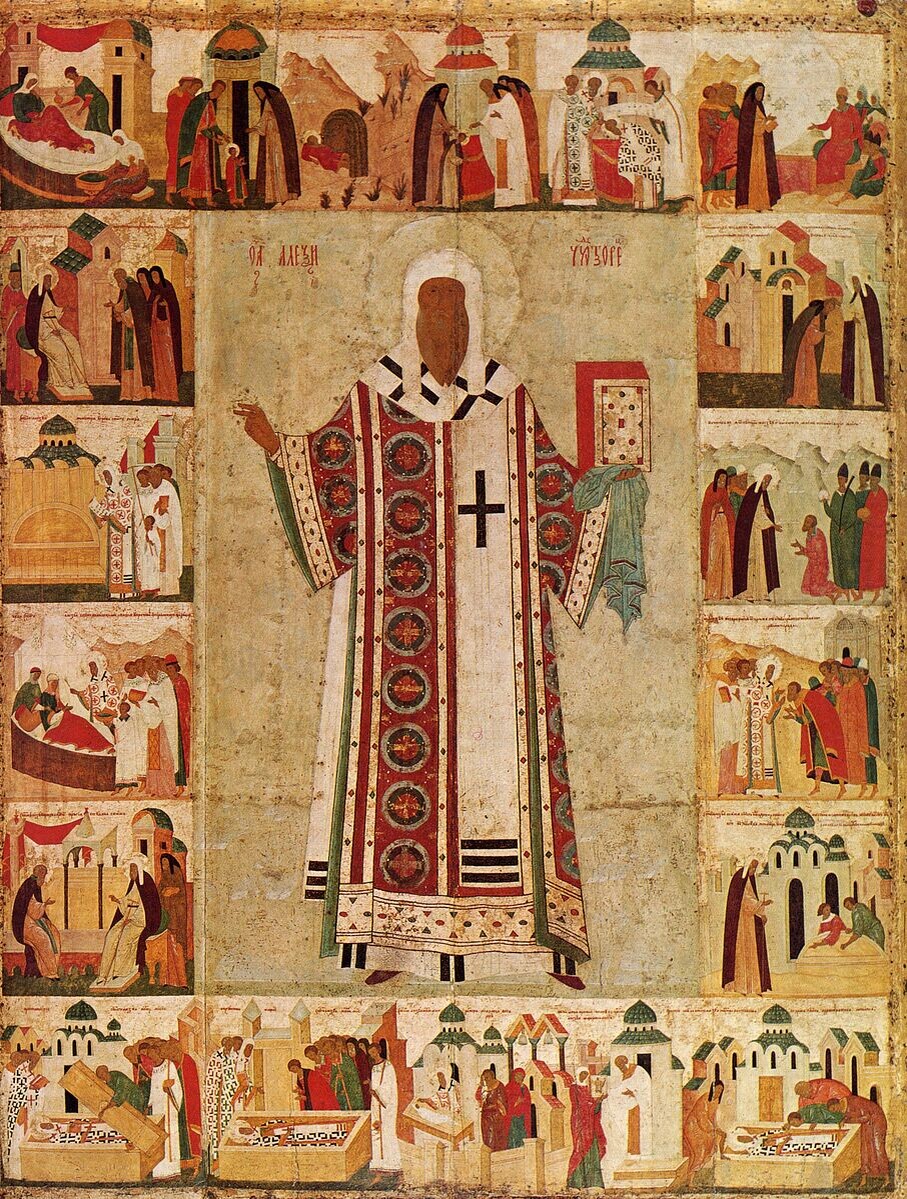 Святитель Алексий, митрополит Московский, в житии. Дионисий. Икона XV века, 1480-е гг.