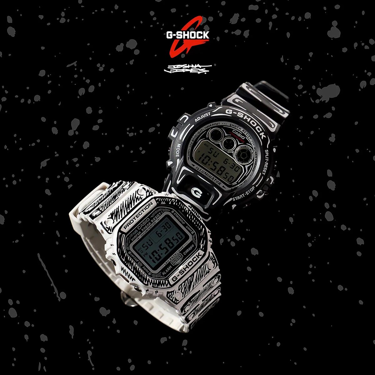 Часы G-Shock DW-5600JV-7E будто нарисованы. Но это — все те же ударопрочные Casio G-Shock. Здесь модель вместе с еще одной коллаборацией с Джошуа Видесом — часами G-Shock DW-6900JV-1E