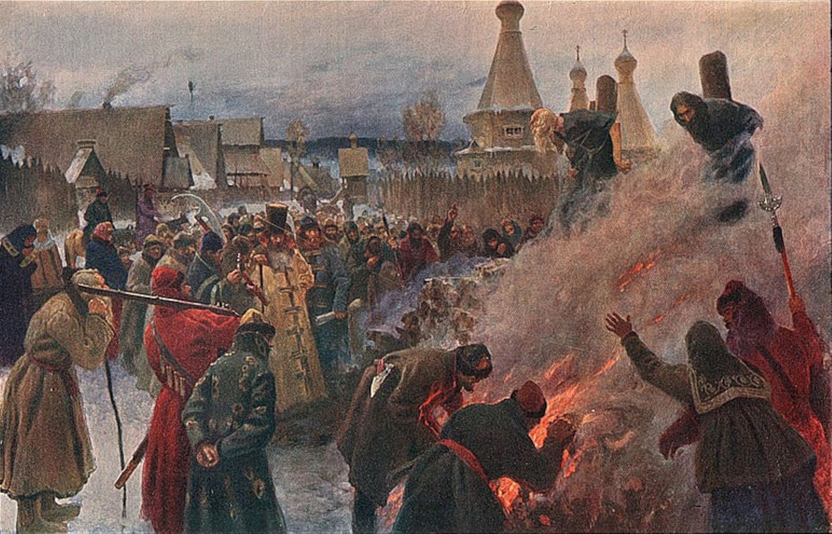 Пётр Евгеньевич Мясоедов: «Сожжение протопопа Аввакума». Лидер и идеолог старообрядчества протопоп (протоиерей) Аввакум, а также священник Лазарь, дьякон Феодор, монах Епифаний были сосланы на Крайний Север и заключены в земляную тюрьму в Пустозерске. После 14 лет заключения и пыток они были сожжены заживо в 1682 году.
