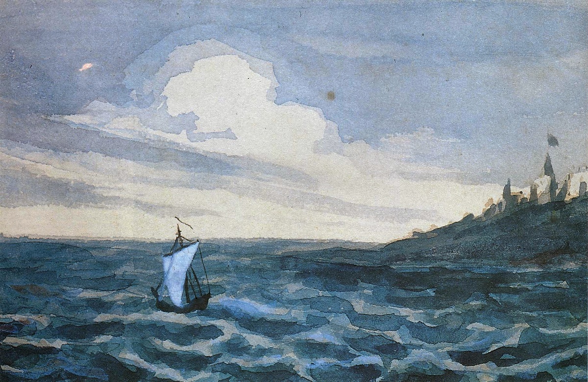 Михаил Юрьевич Лермонтов, «Морской пейзаж с парусником», 1828—1831, фрагмент, акварель, бумага, 9,2 ×15,7 см, из альбома М. Шан-Гирея, Государственная публичная библиотека. Санкт-Петербург