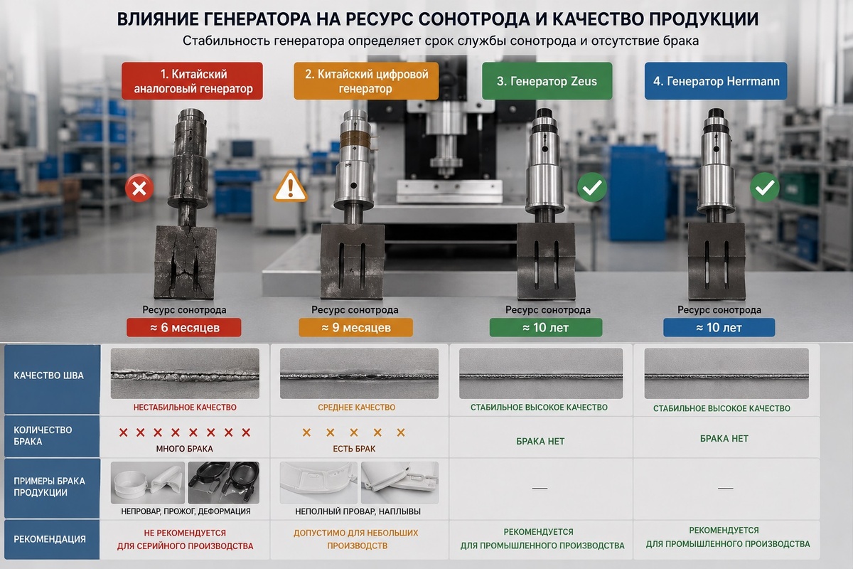Стабильность генератора влияет на качество шва, ресурс сонотрода и количество брака.