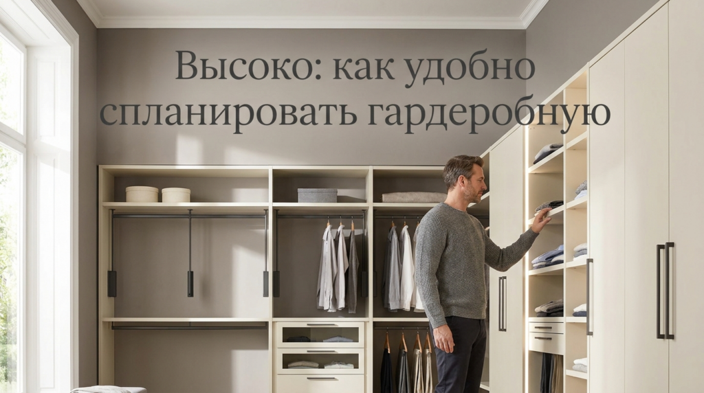    Пример организации хранения в гардеробной с увеличенной высотой и двойным уровнем штанг. MDKUHNY