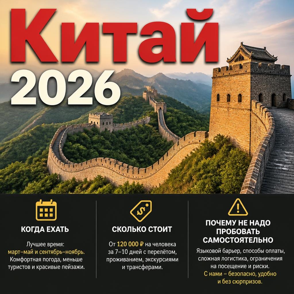 Китай в 2026 году становится одним из самых популярных направлений для путешествий. Благодаря продленному безвизовому режиму для россиян до конца 2027 года поездка в Китай стала еще проще и доступнее. Туристов ждут знаменитые горы Аватара в Чжанцзяцзе, современные мегаполисы Шанхай и Пекин, древние храмы, уникальная культура и впечатляющие природные достопримечательности. Туры в Китай в 2026 году — это возможность увидеть легендарные ландшафты, попробовать национальную кухню и открыть для себя одну из самых удивительных стран Азии. Подбор туров в Китай из Москвы, экскурсионные маршруты, пляжный отдых на острове Хайнань и путешествия по самым красивым местам Поднебесной.