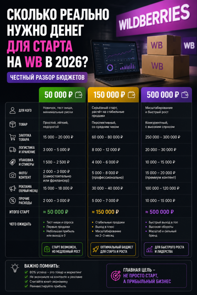    Сколько нужно денег для старта на Wildberries в 2026? Честный разбор бюджетов: 50к, 150к и 500к для запуска с нуля. Как правильно распределить вложения, чтобы избежать типичных ошибок новичков и не слить бюджет при первой поставке. Пошаговое руководство по финансовому планированию бизнеса на маркетплейсах. Рахим Танжариков
