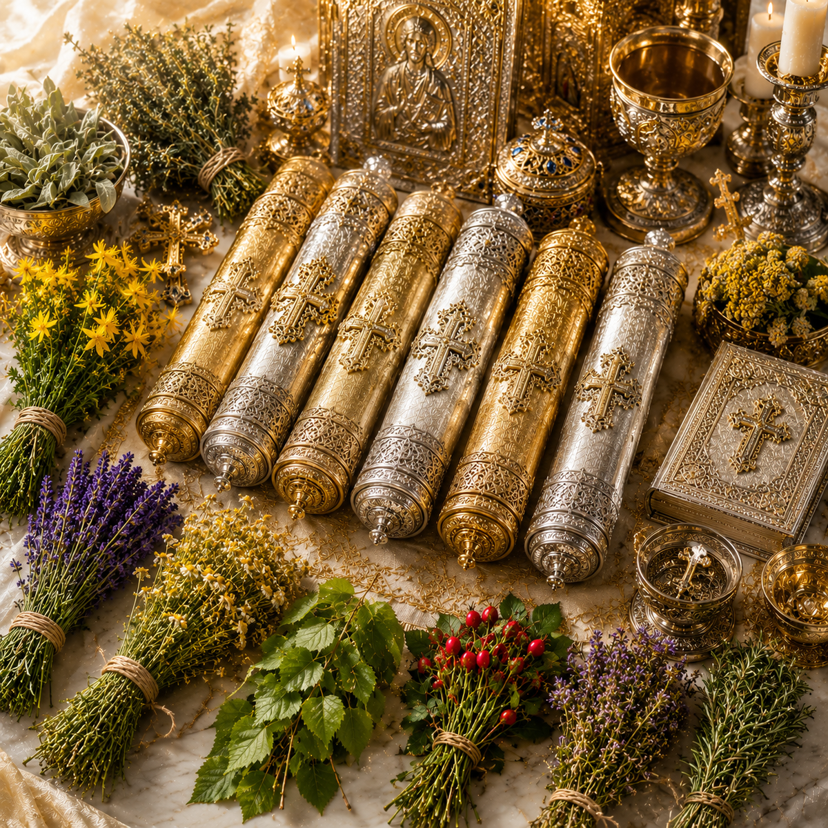 👑🌿 На старом дубовом столе покоятся серебряная Псалтирь, древние свитки и семь священных трав. Мягкий свет свечей озаряет византийские реликвии, напоминая о древних традициях духовного очищения, молитвы и защиты. Атмосфера старинного дома на берегу Чёрного моря переносит читателя в мир Бабушки Софии, где мудрость Псалмов и сила природы соединяются в единое целое.
