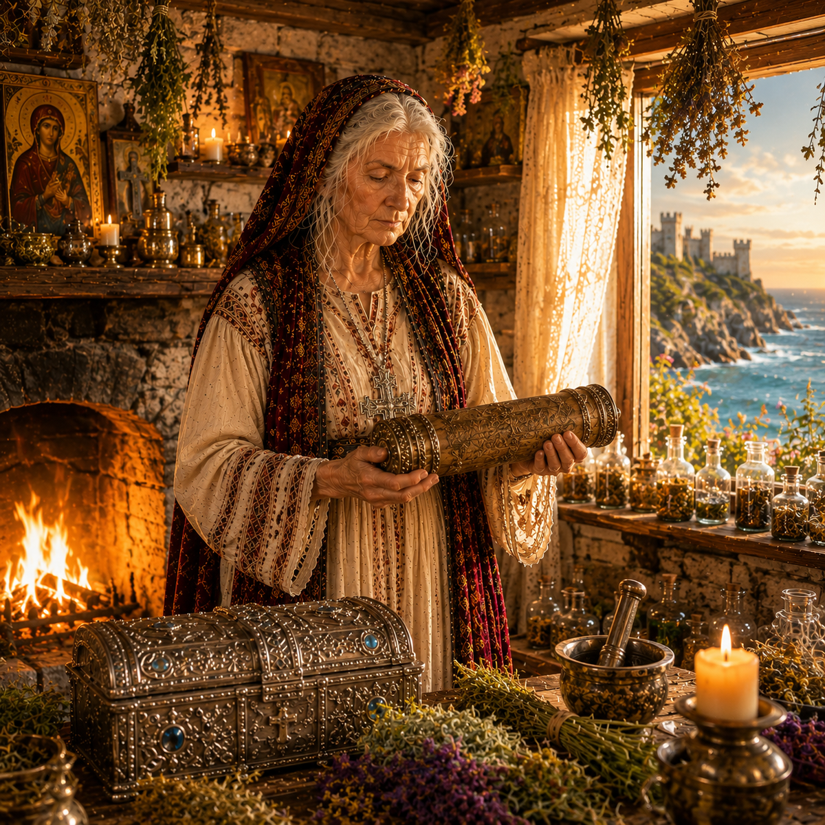 👑📖🌿 Бабушка София бережно держит древний серебряный свиток в своём доме на берегу Чёрного моря. Свет очага освещает старинные иконы, сосуды с целебными травами и таинственные реликвии, хранящие память многих поколений. В этом доме переплетаются византийская мудрость, славянские традиции и сила Псалмов Давида. Здесь каждая трава имеет своё предназначение, каждая молитва своё значение, а каждая страница старинной Псалтири хранит тайны прошлого.