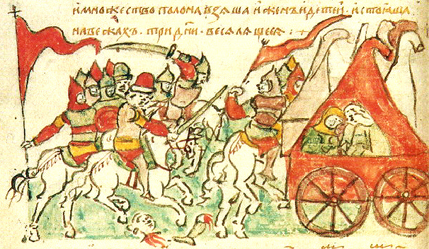 Радзивилловская (Кёнигсбергская) летопись. Конец XV века. Деталь. «Они встретили их, не дождавшись своей дружины, и сошлись в битве. Половцы были побеждены, и русские преследовали их до самых веж. Было захвачено множество пленных, а женщин и детей увели с собой.»