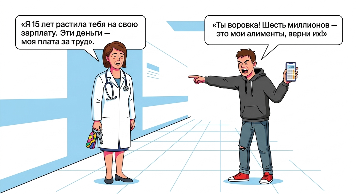 Бывший муж платил алименты, я их не тратила. Сын: "Ты украла мои 5,8 миллиона алиментов!" Я: "Я тебя содержала на свою зарплату". Кто прав — мать или ребёнок?