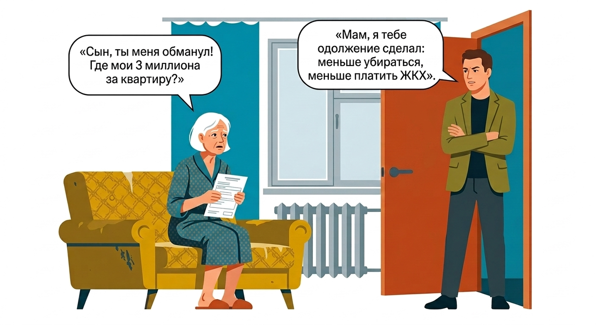 Сын: "Я тебе одолжение сделал, переселил из трёшки в однушку". Разница — 3 миллиона. Он считает, что ничего не должен