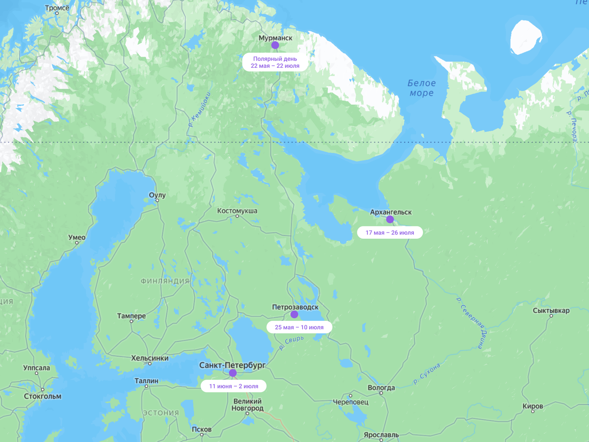Карта белых ночей в России