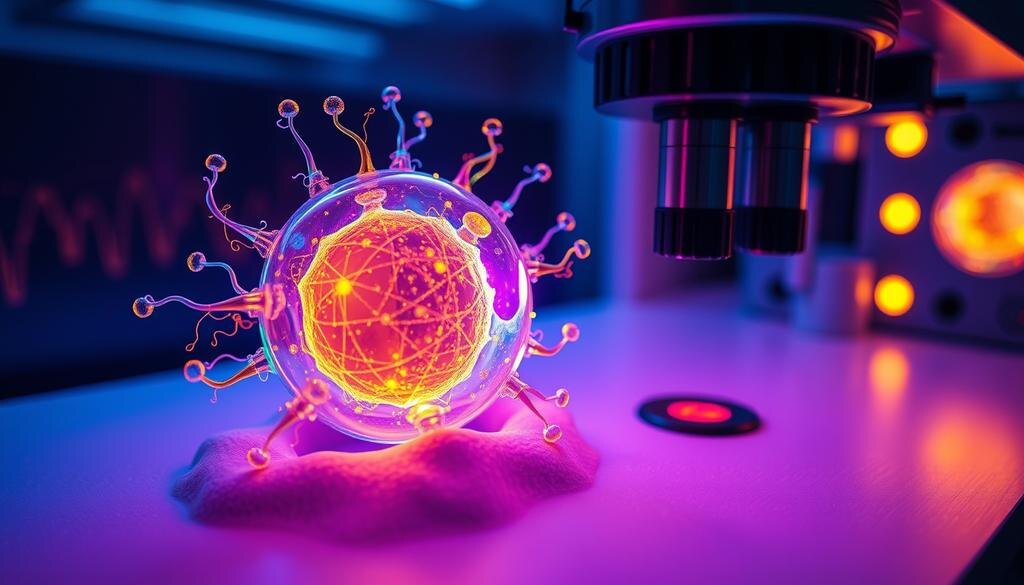   Современный микроскоп с 3D изображением клетки, где ярко выделяются белки и флуоресцентные метки.