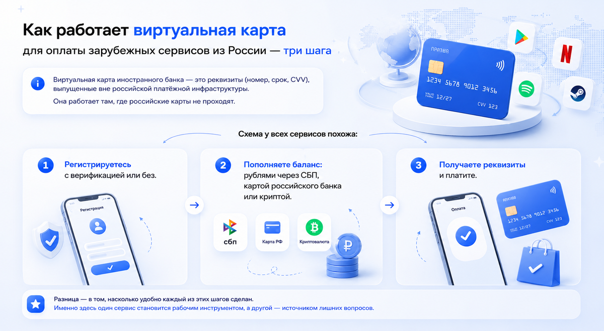 Как работает виртуальная карта для оплаты зарубежных сервисов из России — три шага