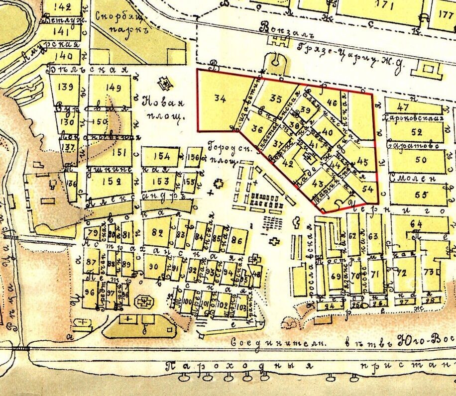План центра Царицына. 1913 г. Красным обведен Преображенский форштадт. Фото из интернета.