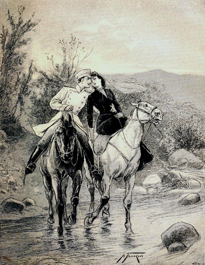 В. А. Поляков. Печорин и княжна Мери. Иллюстрация к роману М. Ю. Лермонтова «Герой нашего времени». 1900. Источник: https://lermontov-lit.ru/foto/picture/70/lermontov-c11-21125.htm
