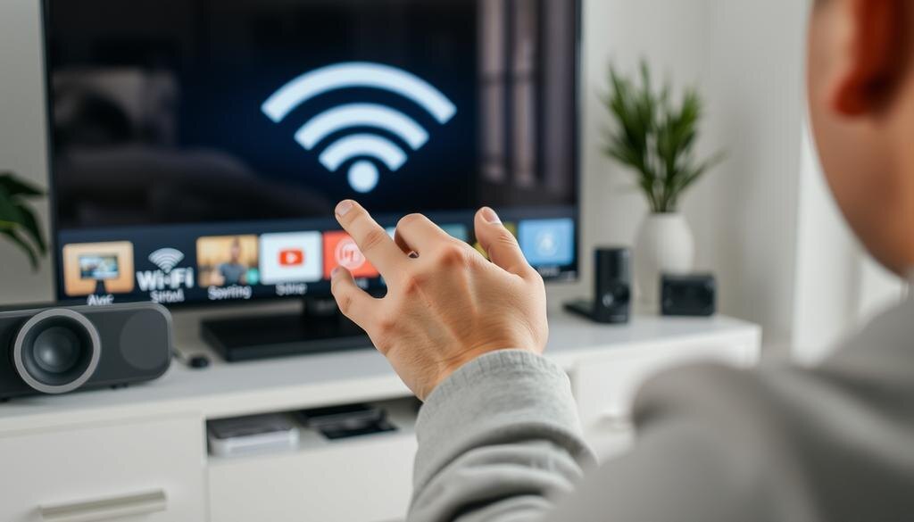   Человек проверяет сигнал Wi-Fi на своем Smart TV, с разными устройствами вокруг.