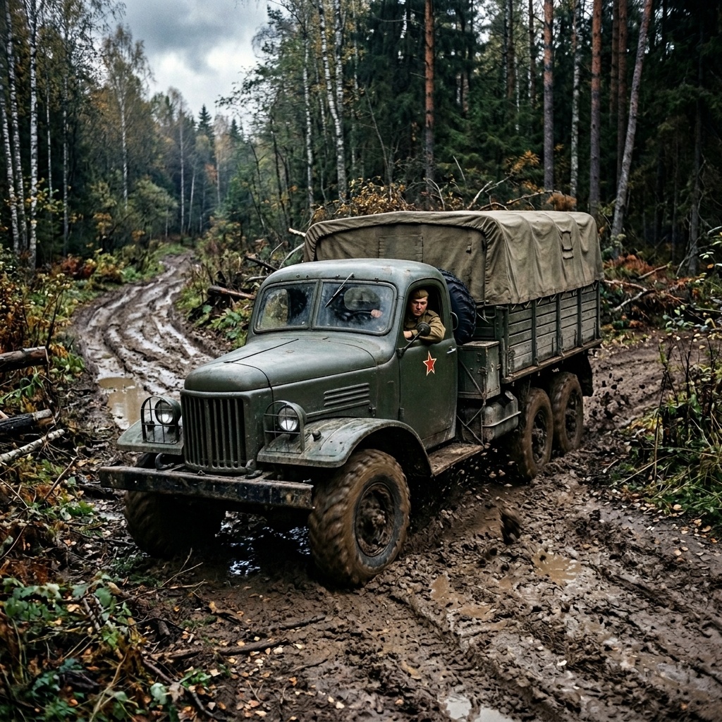 ЗИЛ-157 «Колун» был самым старшим из тройки и одним из первых грузовиков, с которым сталкивались советские призывники. Тяжёлый руль, прожорливый мотор и продуваемая кабина — зато на бездорожье «Колун» шёл упорно и не сдавался.