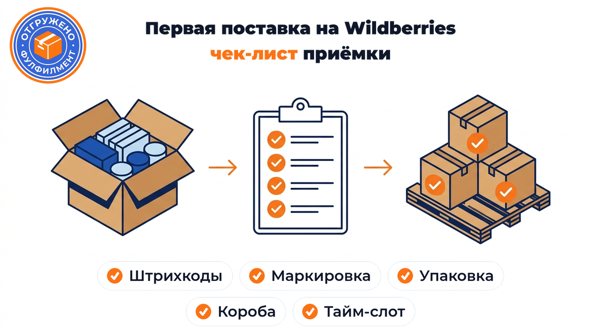 Чек-лист для первой поставки на Wildberries: что проверить в штрихкодах, упаковке и коробах, чтобы приёмка прошла с первого раза и товар не развернули.
