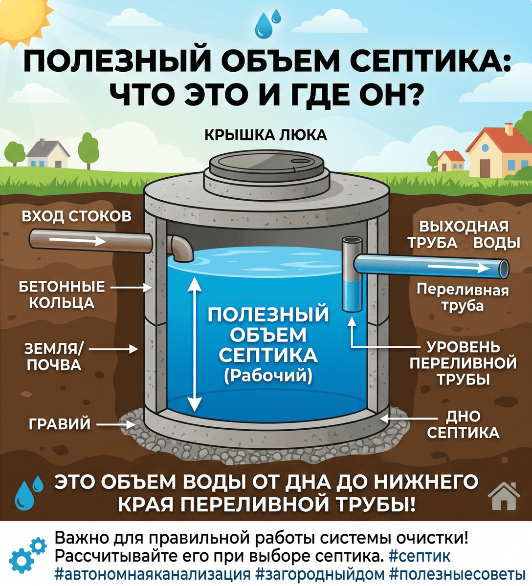 Полезный объем септика: от уровня переливной трубы до дна