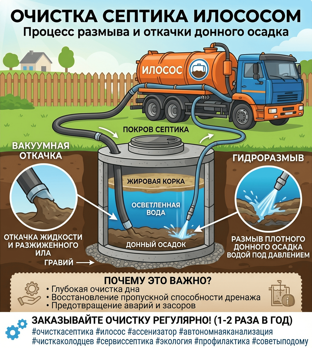 Процесс откачки и размыва донного осадка илососом